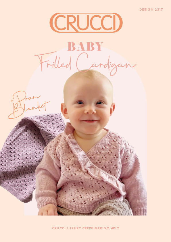 Crucci Knitting Pattern 2317 Frilled Cardigan & Pram Blanket