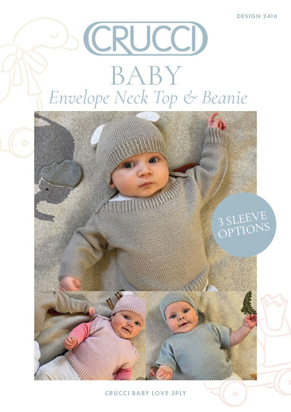 Crucci Knitting Pattern 2416 Baby Envelope Neck Top + Beanie