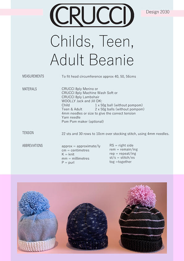 Childs, Teen & Adults Beanie Pattern